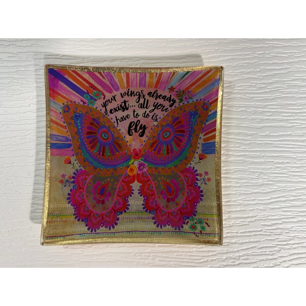 Natural Life Butterfly Glass Trinket Dish Gold Foil Fly Quote Tray S0062